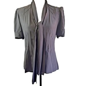 Derek Lam Black 100% Silk Short Sleeve Button Up Neck Tie Blouse Size 42/ US 6